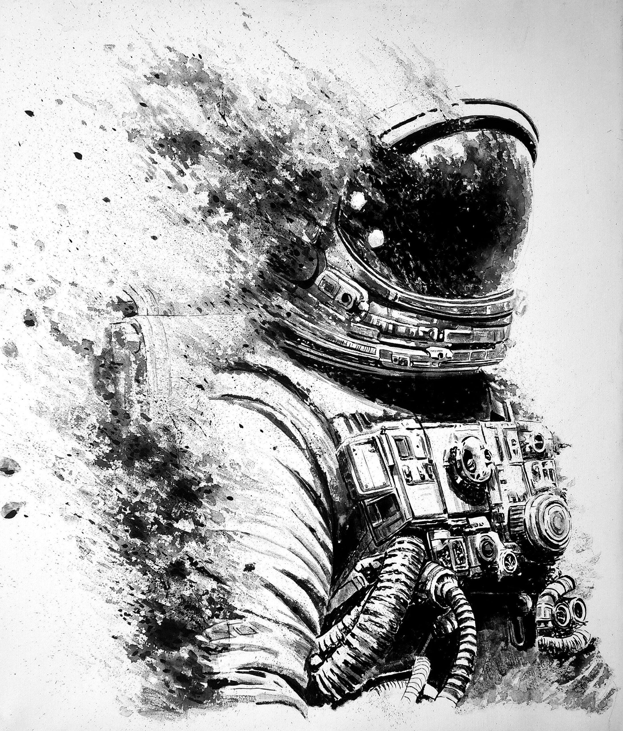 Dargestellt ist ein Astronaut, dessen Figur in kleine Partikel zu zerfallen scheint, die sich im Hintergrund verteilen. Der Raumanzug, mit sichtbaren Kabeln und Bedienelementen, steht im Gegensatz zum Gefühl, die Form zu verlieren, was auf einen Übergang zwischen dem Materiellen und dem Immateriellen hindeutet, spiegelt den konzeptionellen Ansatz der zeitgenössischen kubanischen Kunst wider.