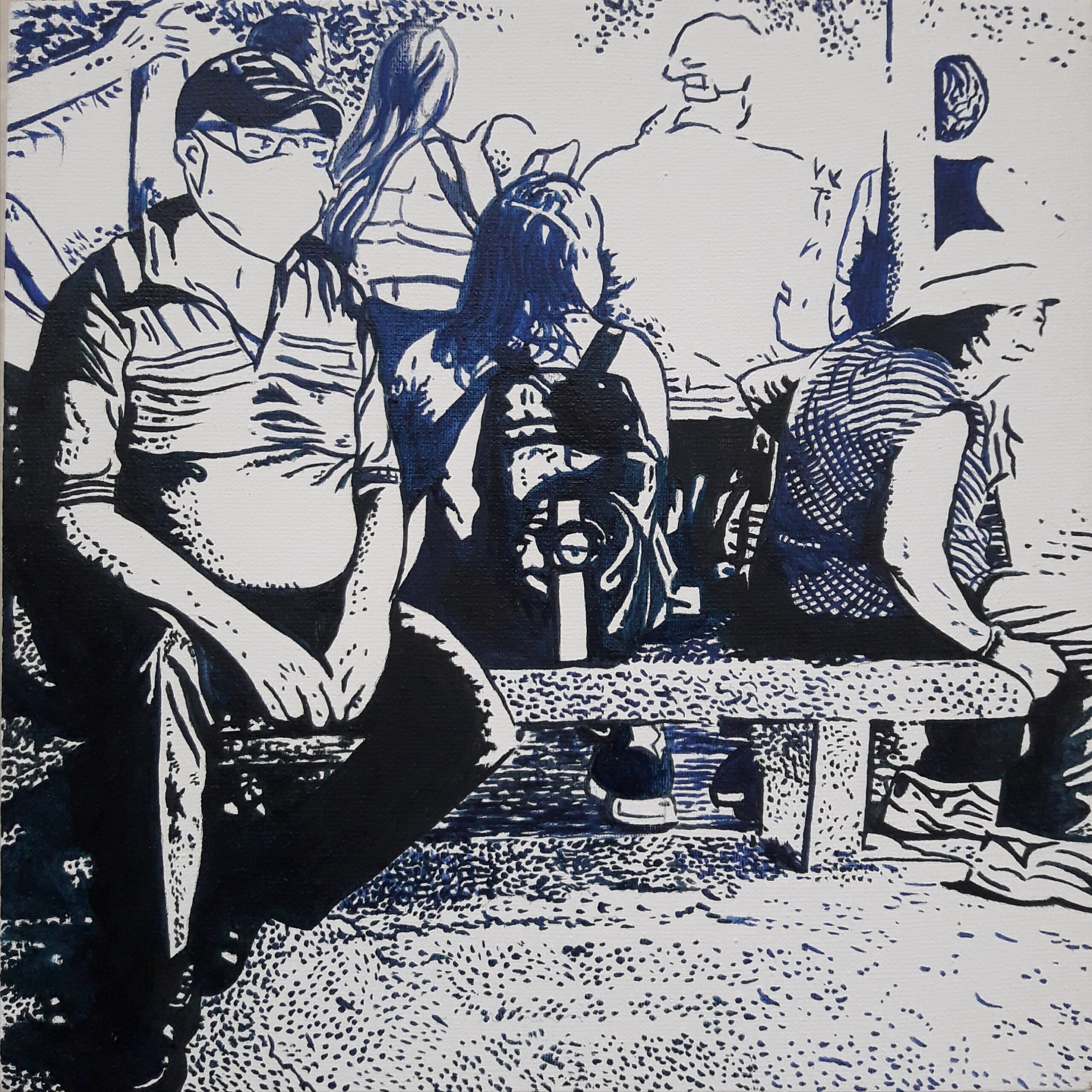 Eine Gruppe sitzender Menschen und andere stehen, während sie auf etwas zu warten scheinen von Javier Moldes Galán Fragen; Acryl / Leinwand, 25 x 25 cm pro Stück, 2023.